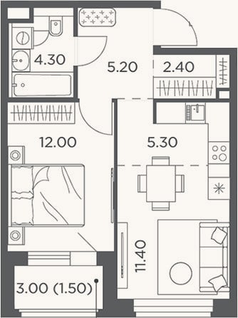Планировка: 2-к, 42,3 м²