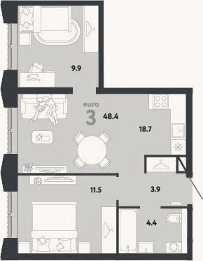 Планировка: 3-к, 48,4 м²