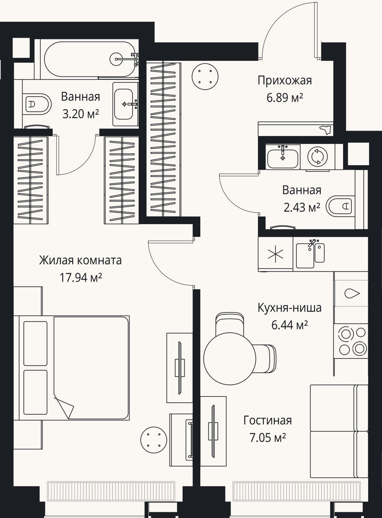 Планировка: 2-к, 44 м²