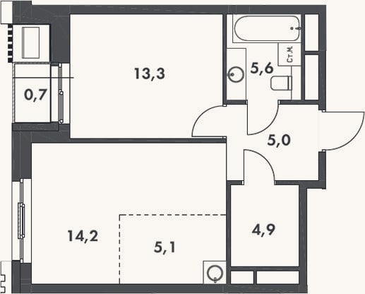 Планировка: 2-к, 48,1 м²