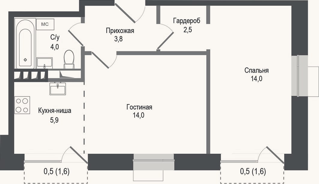 Планировка: 2-к, 44,2 м²