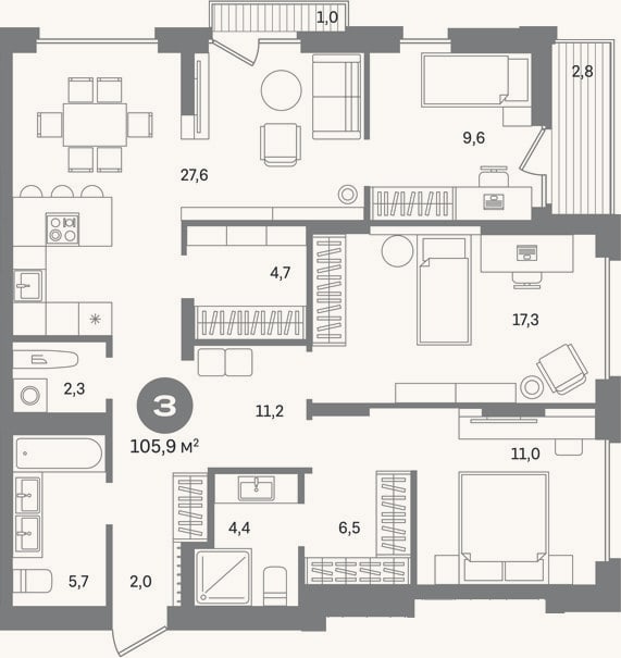 Планировка: 3-к, 102,1 м²