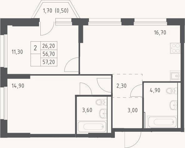 Планировка: 3-к, 56,7 м²