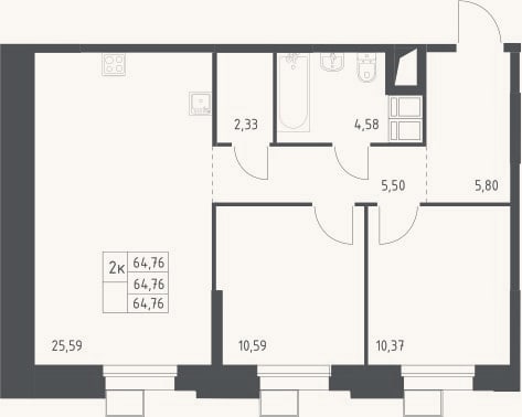 Планировка: 3-к, 64,8 м²