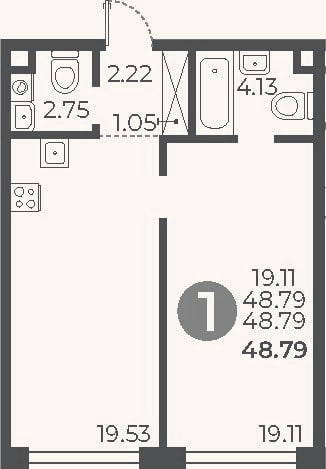 Планировка: 1-к, 48,8 м²