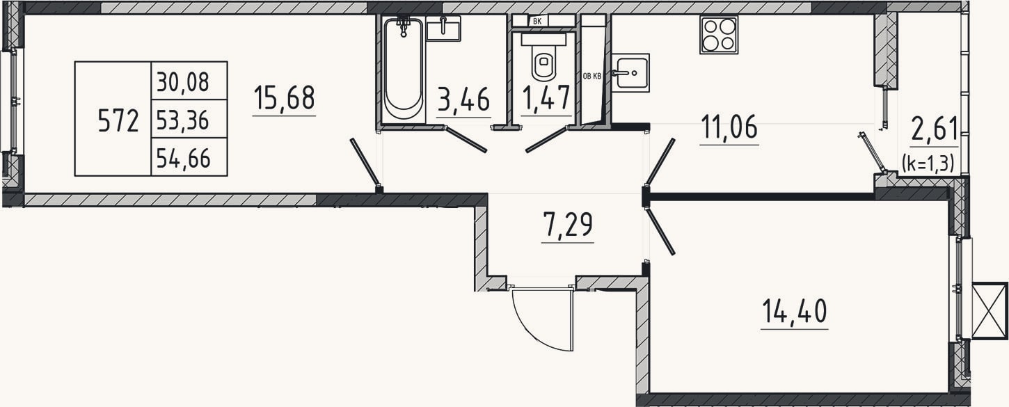 Планировка: 2-к, 53,4 м²