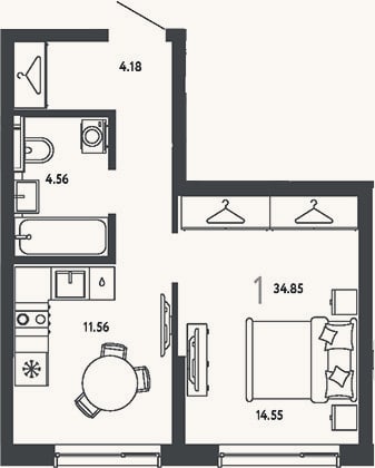 Планировка: 1-к, 34,9 м²