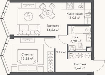 Планировка: 2-к, 43,2 м²