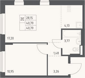 Планировка: 2-к, 40,8 м²