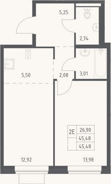 Планировка: 2-к, 45,5 м²