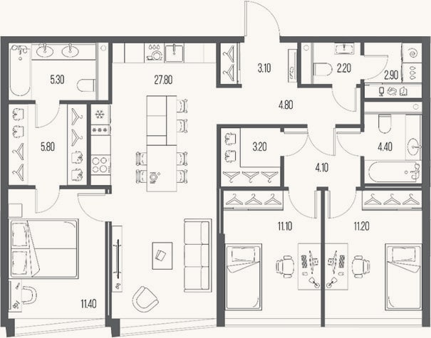 Планировка: 3-к, 97,3 м²