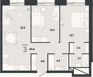 Планировка: 3-к, 64,6 м²