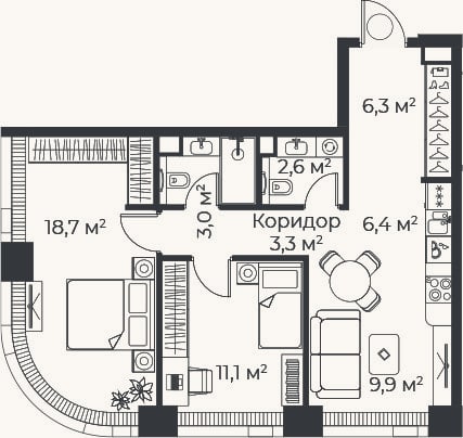 Планировка: 3-к, 61,2 м²