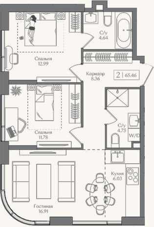 Планировка: 3-к, 65,5 м²