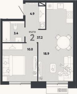 Планировка: 2-к, 37,2 м²