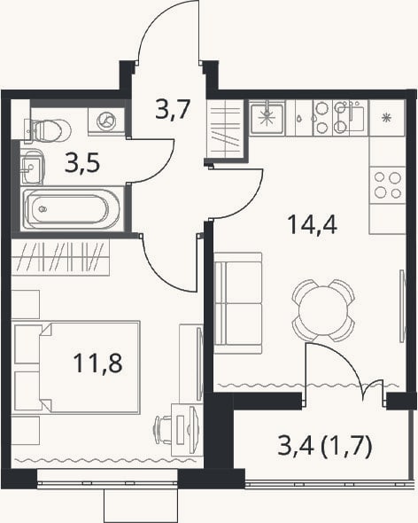 Планировка: 1-к, 33,4 м²
