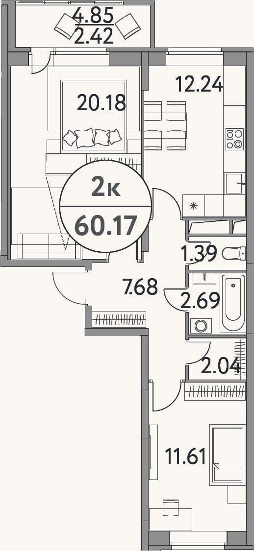Планировка: 2-к, 57,8 м²