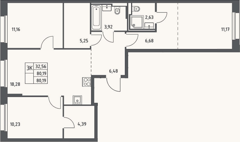 Планировка: 3-к, 80,2 м²