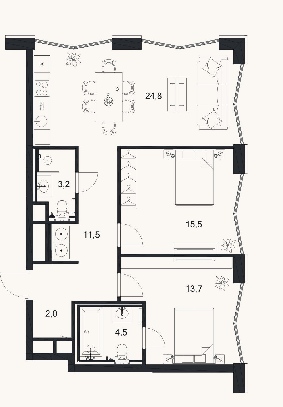 Планировка: 3-к, 75,2 м²