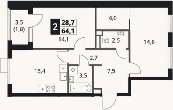 Планировка: 2-к, 62,3 м²