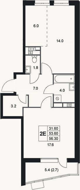 Планировка: 2-к, 53,6 м²