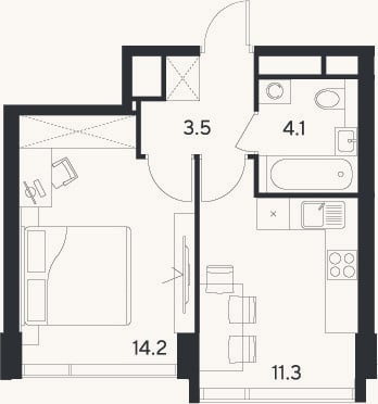 Планировка: 1-к, 33,1 м²