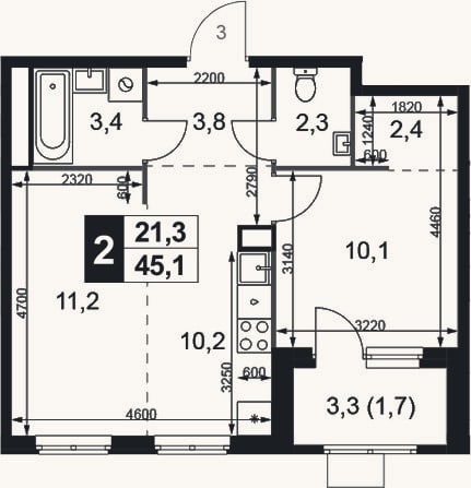 Планировка: 2-к, 43,4 м²