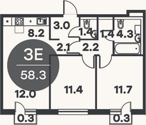 Планировка: 3-к, 57,7 м²