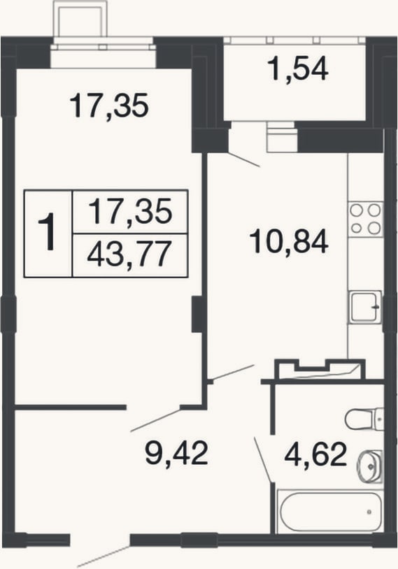 Планировка: 1-к, 42,2 м²