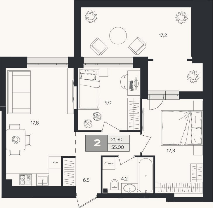 Планировка: 2-к, 49,8 м²