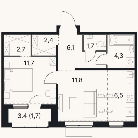 Планировка: 2-к, 47,2 м²
