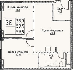 Планировка: 3-к, 59,9 м²