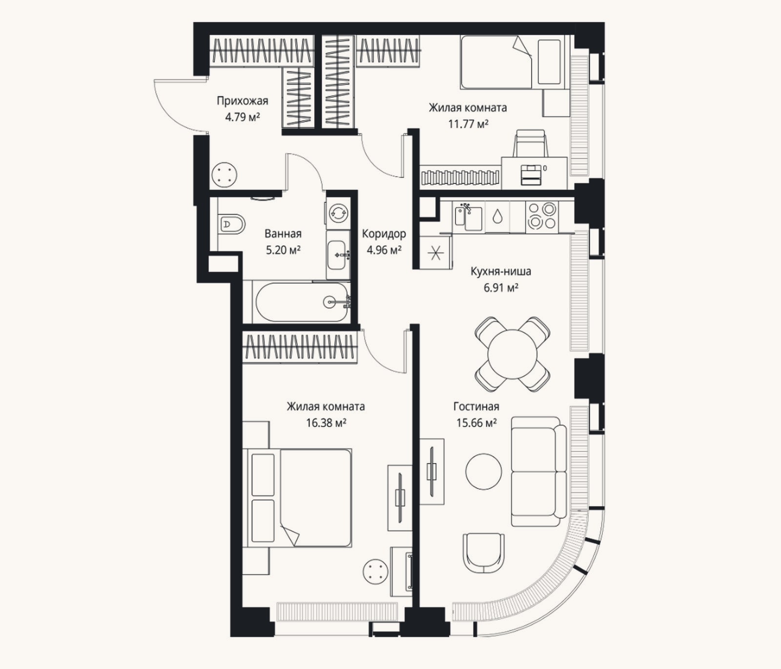 Планировка: 3-к, 65,7 м²