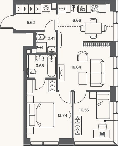 Планировка: 3-к, 61,3 м²