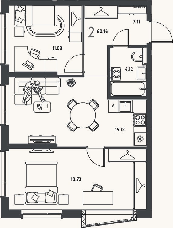 Планировка: 2-к, 60,2 м²