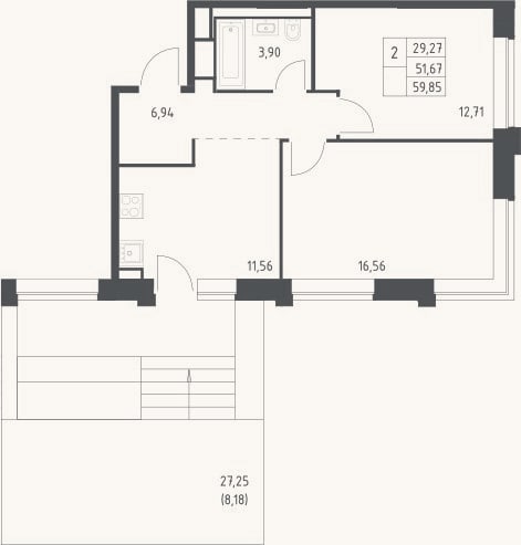 Планировка: 2-к, 54,3 м²