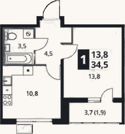 Планировка: 1-к, 32,6 м²