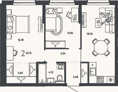 Планировка: 2-к, 61,1 м²