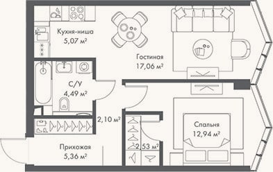 Планировка: 2-к, 49,6 м²