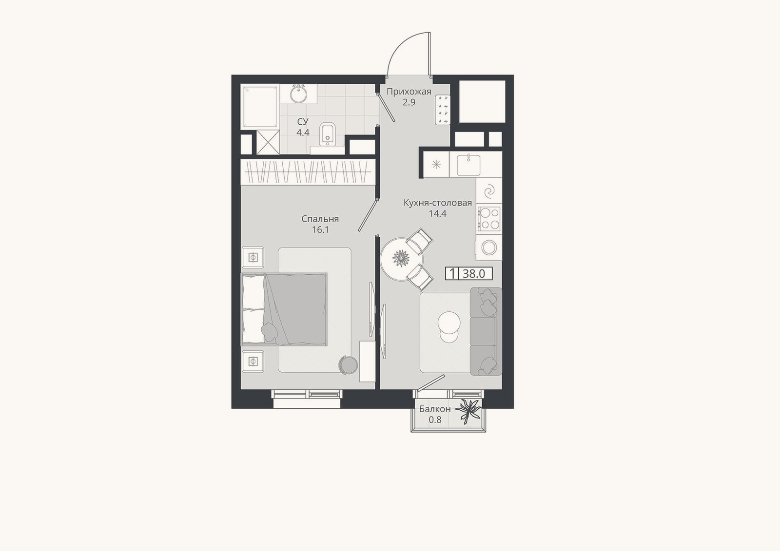 Планировка: 2-к, 37,8 м²