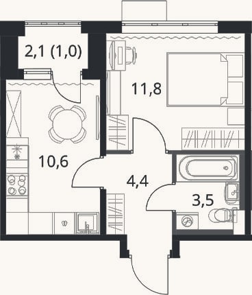 Планировка: 1-к, 30,3 м²