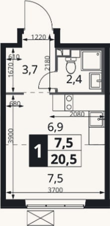 Планировка: Студия, 20,5 м²