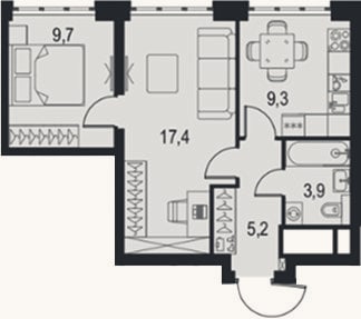 Планировка: 2-к, 45,5 м²
