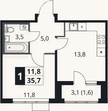 Планировка: 1-к, 34,1 м²