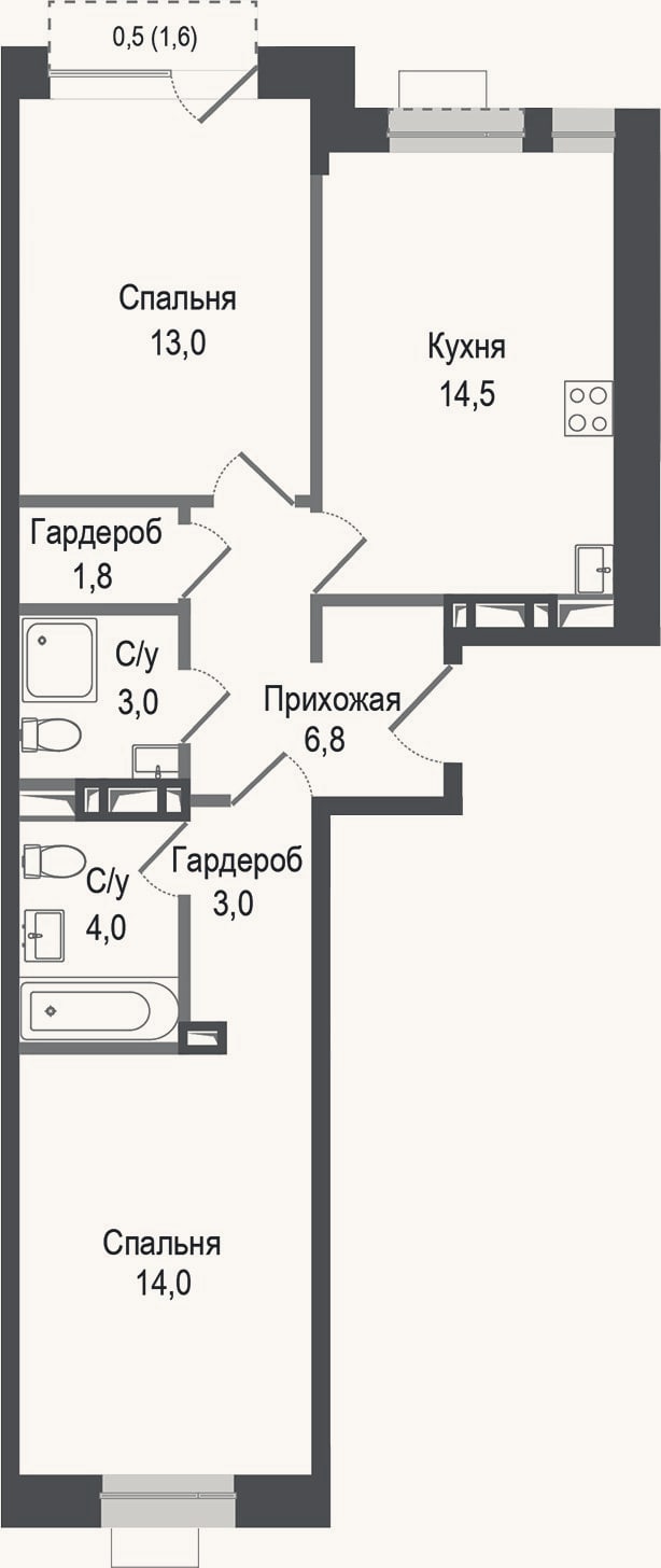 Планировка: 2-к, 60,1 м²