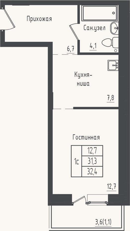 Планировка: Студия, 31,3 м²