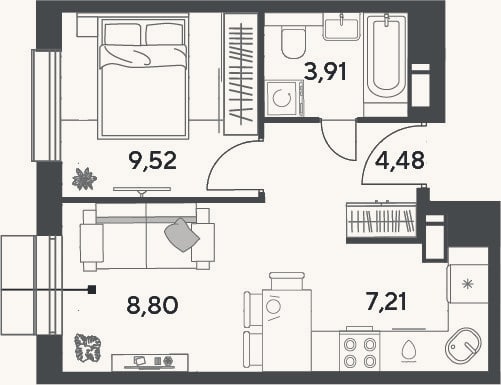 Планировка: 2-к, 33,9 м²