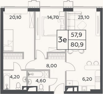 Планировка: 3-к, 80,9 м²