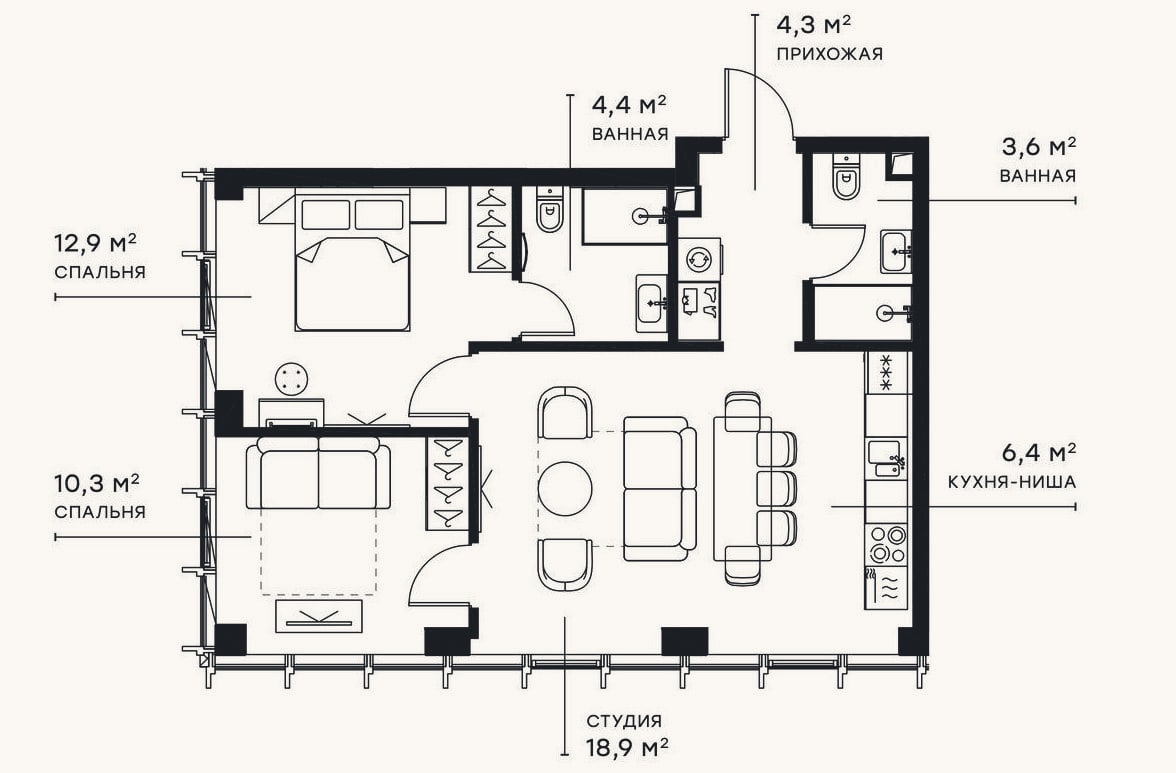 Планировка: 3-к, 60,7 м²