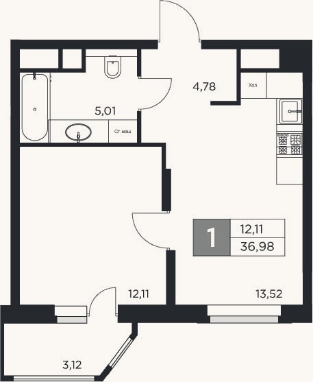 Планировка: 1-к, 35,4 м²